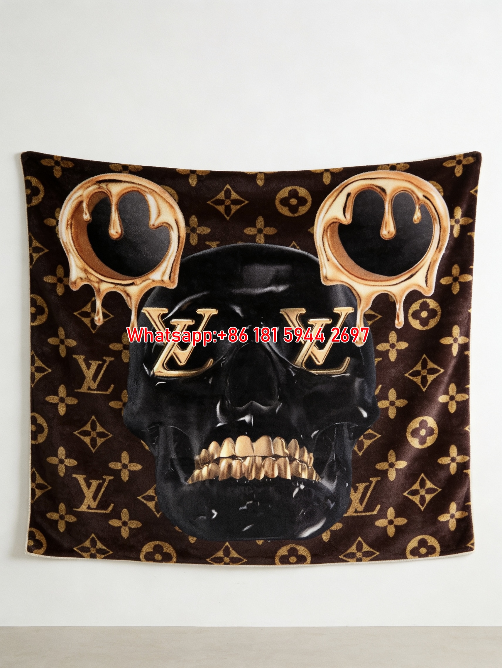 Gold Drip Skull LV Monogram Flannel Throw Blanket 325